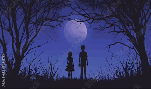 A boy and girl silhouetted under a full moon in a twilight landscape.