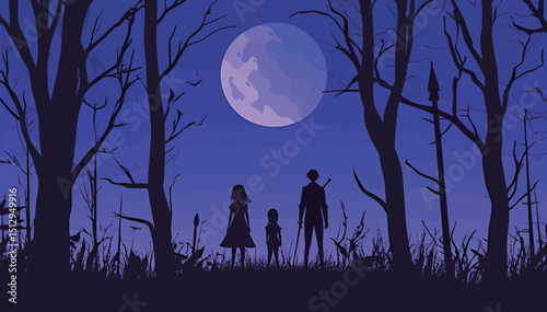 Silhouetted family standing under a full moon surrounded by dark trees.