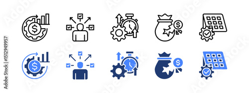 Efficiency icon set with Asset Utilization, Multitasking, Productivity, Corruption, Scheduling.