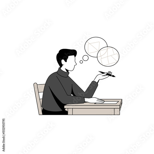 Man sitting at desk thinking about geometric shapes