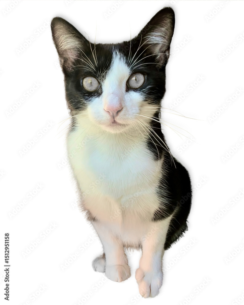 Tuxedo Cat with Bright Eyes on White Background Tuxedo Cat with Bright Eyes on White Background