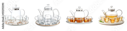 Elegant, modern tea sets in glass and porcelain featuring clear cups with tea variations, ideal for hospitality, showcasing warmth and tradition in beverage presentation