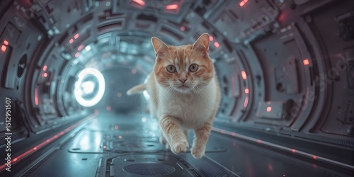 Celestial Cat Navigator: A brave cat, illuminated by futuristic hues, fearlessly advances through an ethereal tunnel, its gaze fixed on a mission.