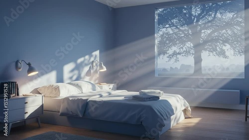 Serene bedroom with sunlight and tree view outside