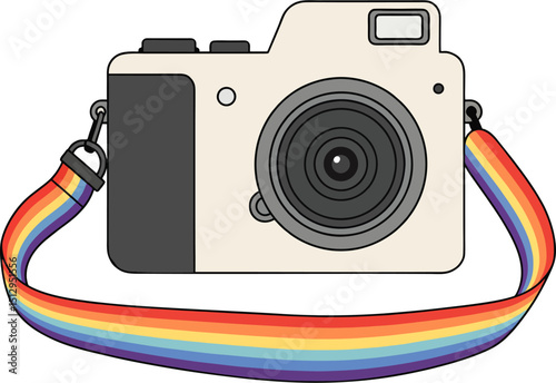 flat camera with rainbow shoulder strap, cute small lens, minimal vector style