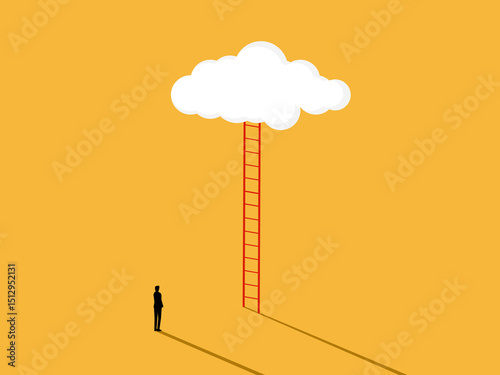 Businessman looking at a ladder leading to opportunity, career and goal concept
