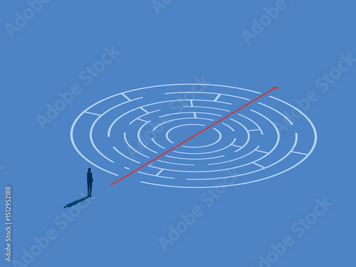 Businessman stands looking at a simple path to solve a maze puzzle