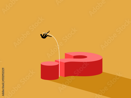 Businessman jumps over obstacles with a pole