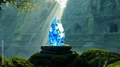 A glowing blue magical crystal in the middle of an ancient, dilapidated temple covered in moss and tree roots. A glowing blue crystal stands in the midst of a mossy ancient temple.