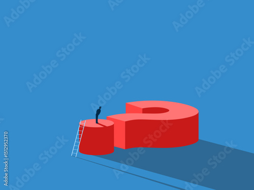 Businessman standing looking at a big question mark and finding a way to overcome the obstacle
