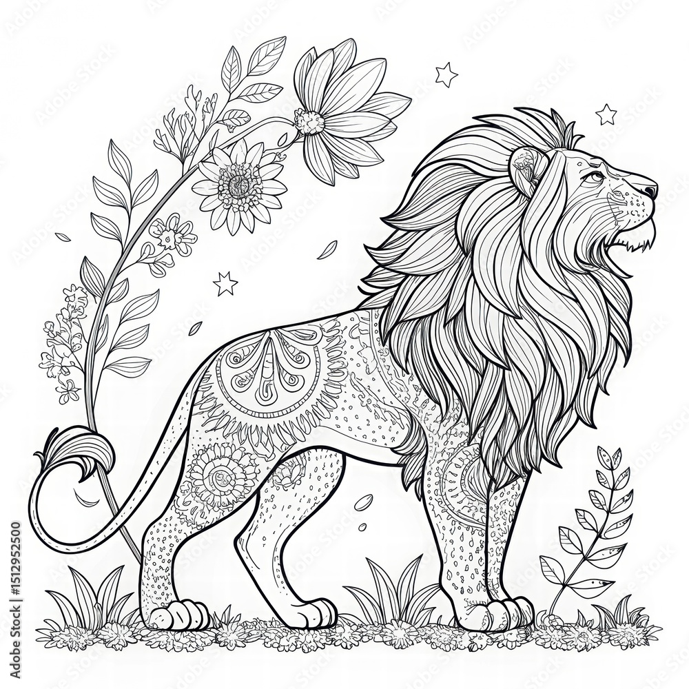Obraz premium Majestic Lion With Intricate Floral Designs and Patterns