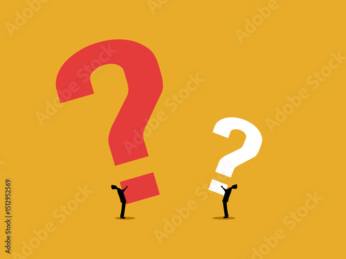 Different risks, two businessmen holding burdens of different sizes of question marks
