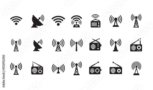 Collection of black silhouette icons illustrating wireless signals and radio transmission concepts