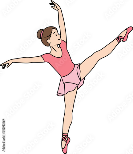 Flat Line Vector of Child Ballerina in Practice Pose.