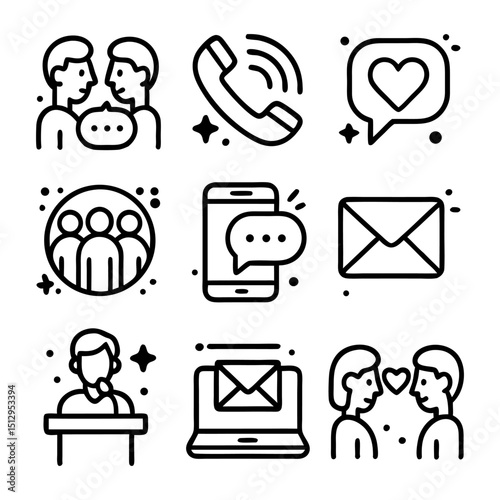 Nine communication icons suitable for web design or presentations, featuring phone, chat, email, video, and social media symbols. Ideal for techrelated projects.