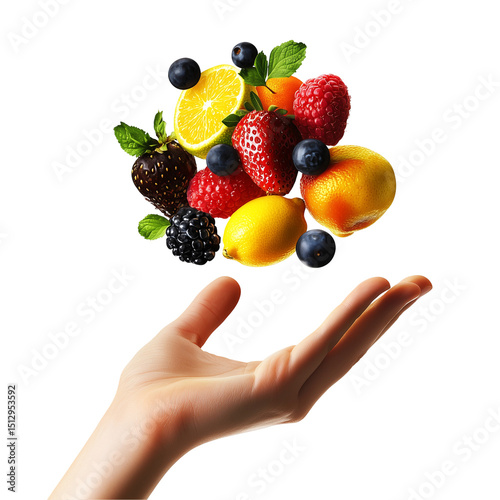 Hand holding a variety of fresh fruits including berries lemons and other citrus on a black background isolated on transparent background