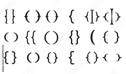 Collection of various bracket shapes and curved parenthesis silhouette style vector graphics.