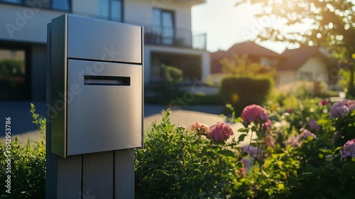 Modern Mailbox in Front Yard Garden on Sunny Day