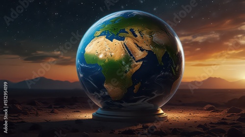 A globe showing africa and europe on a stand in a desert landscape at sunset with a starry sky above