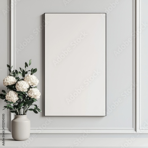 Elegant Neutral Toned Room with Empty Canvas and Flower Arrangement