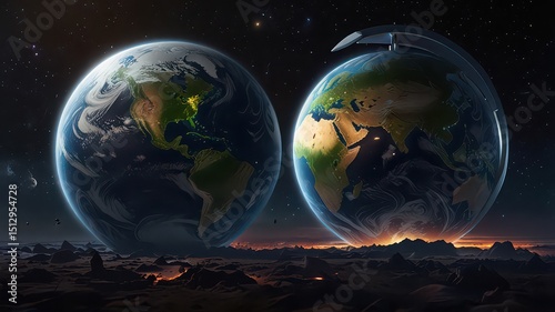 Two earth globes side by side in space with a dark rocky landscape below and stars in the background