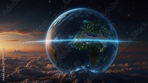 A glowing earth above clouds with a bright horizon line and a starry night sky background view