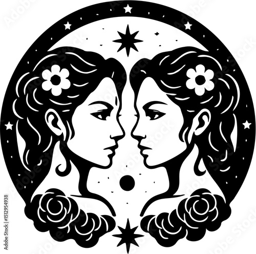 Gemini zodiac silhouette vector illustration, isolated on white