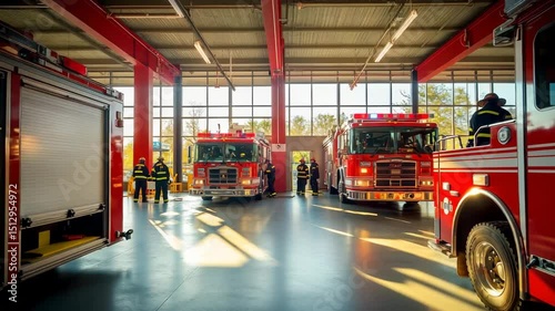 A group of fire trucks are parked in a garage. The trucks are red and yellow, and they are parked in a row. There are several people standing around the trucks