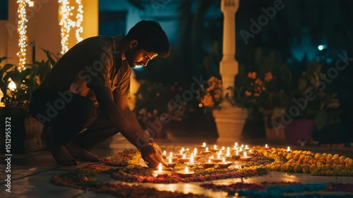 A man is sitting on the floor and lighting candles. The candles are arranged in a long line, and the man is placing a candle in each one. The scene is peaceful and calming