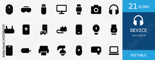 A modern solid icon set of electronic devices including smartphone, laptop, tablet, printer, camera, and more. Perfect for web, app, UI, and digital design.