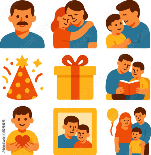 Fathers day icons suitable for greeting cards, social media posts, posters, and ads featuring various symbols and celebration elements.