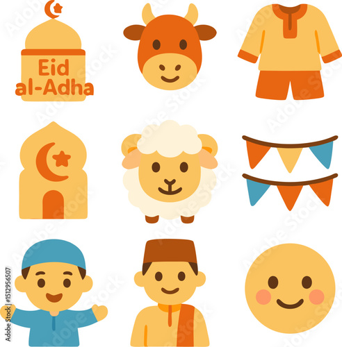 Eid alAdha icons featuring a mosque, goats, sheep, and kids. Ideal for festive greeting cards, social media posts, and cultural presentations.