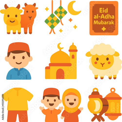 Eid alAdha Mubarak icon featuring a mosque, goats, sheep, and kids. Ideal for festive greeting cards, social media posts, and cultural presentations.