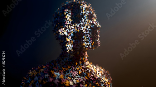 Conceptual 3D rendering of a human silhouette formed from a cluster of intricate protein molecules, symbolizing biotechnology and artificial life