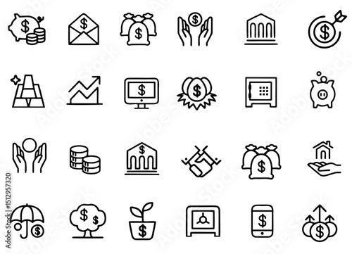 Money or financial vector icon set. Dollar coin, money stack, wallet, banknote finance symbols. vector