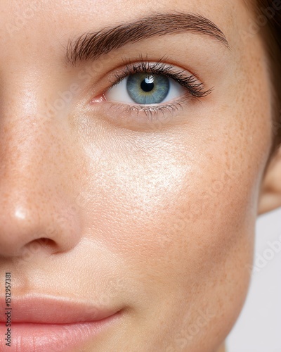educational skincare visual Close-up shot of a woman's face showcasing natural beauty and glowing skin with captivating blue eyes.