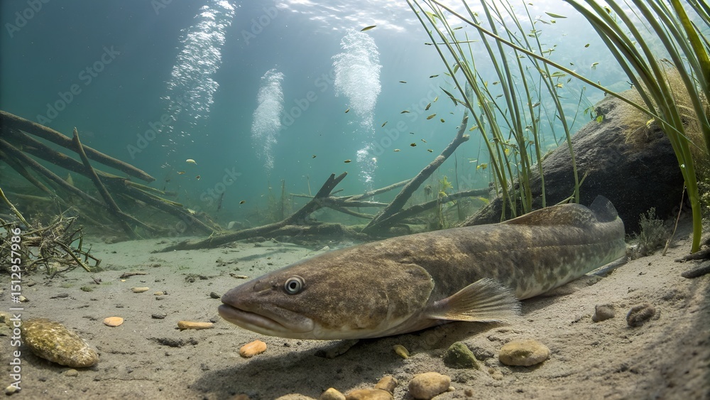 Obraz premium Burbot Underwater in Freshwater Lake with Natural Habitat Details