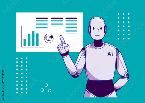 Friendly robot presenting data analysis and statistics on digital screen in modern office environment.