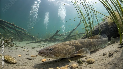 Burbot Underwater in Freshwater Lake with Natural Habitat Details