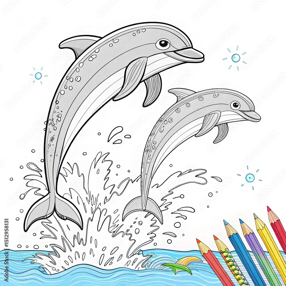 Naklejka premium Playful Dolphins Jumping Above Waves with Colorful Pencils Below