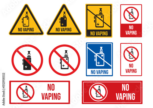 Variety of No Vaping signs in different styles emphasizing the prohibition of vaping in public and private areas for health safety.