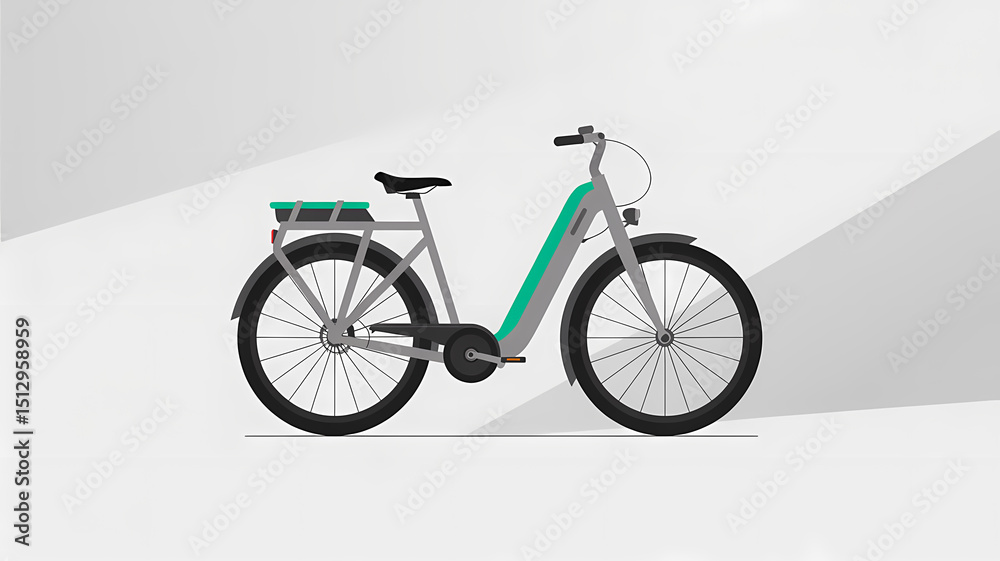 Fototapeta premium Flat Design Illustration of a Modern Electric Bicycle with Sleek Silver Frame, Teal Accents, and Streamlined Silhouette on White Gradient Background
