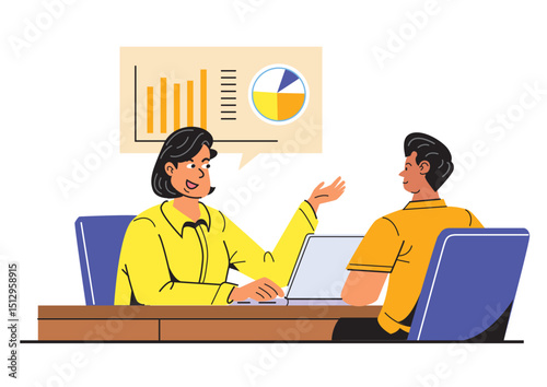 Professional woman presenting analysis data to a colleague during a business meeting, highlighting key statistics and visual aids for effective discussion.