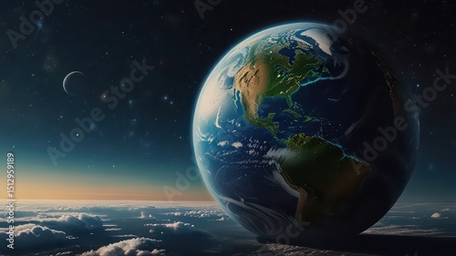A view of earth from space with clouds and a crescent moon in the background on a starry night sky