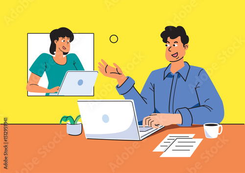 Engaging virtual meeting between colleagues with one presenting ideas while the other listens attentively, utilizing technology for effective communication.