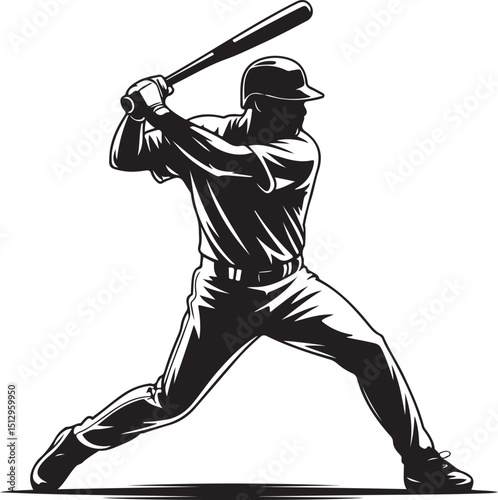 baseball game batter player, also known as batsman - batman in motion to hit a pitcher's ball with the bat when teeing off. detailed realistic silhouette