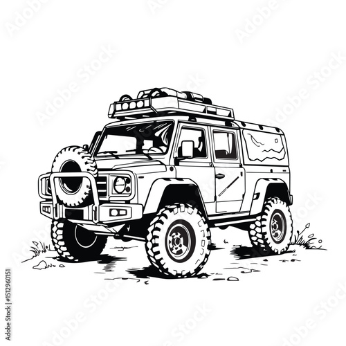 Adventure vehicle detailed concept black and white vector illustration logo graphic.