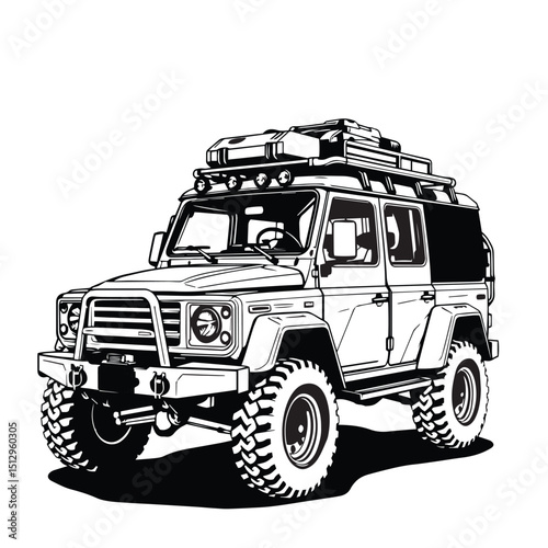 Adventure vehicle detailed concept black and white vector illustration logo graphic.