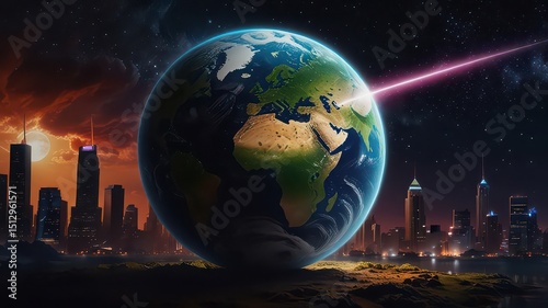 A large earth globe looming over a city skyline with a beam of light shining across the sky