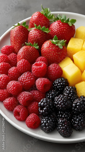 Fresh strawberries, raspberries, blackberries, and mango cubes white plate, vibrant and inviting